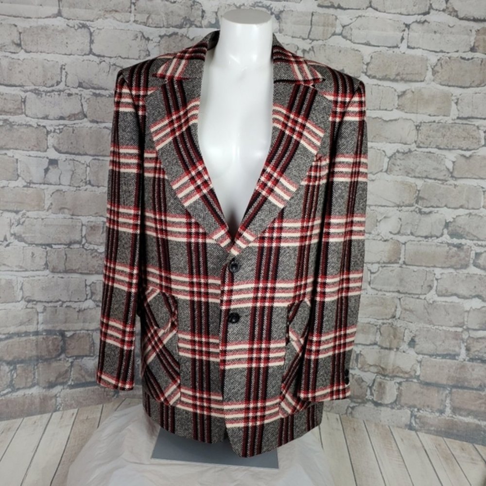 Vintage Mens Wool Blazer Red Black White Plaid 43 Regular Oversized